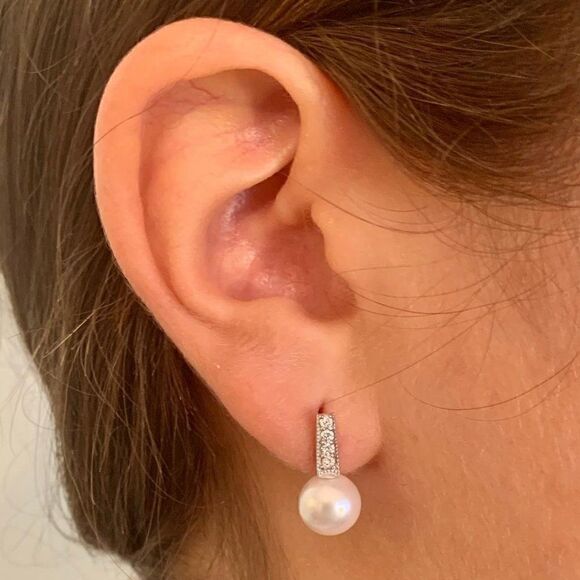 Diamond Akoya Pearl Earrings 14 KT 8.55 mm Certified $1,895 018210 - Picture 1 of 7